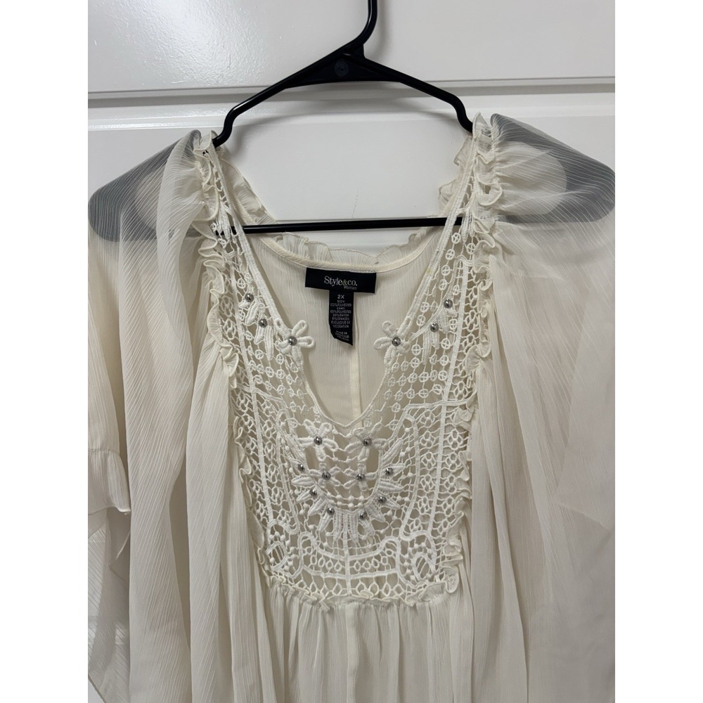 2X Womens Style & Co Woman Cream Flowy Top Sheer Lace A12